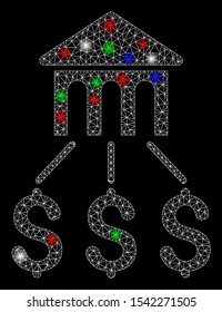 Bright mesh bank structure with glare effect. White wire carcass triangular mesh in vector format on a black background. Abstract 2d mesh designed with polygonal grid, small circle,