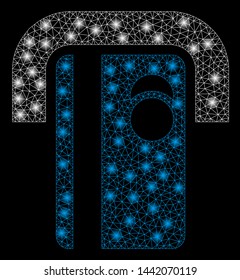 Bright mesh bank terminal with glare effect. Abstract illuminated model of bank terminal icon. Shiny wire carcass triangular mesh bank terminal abstraction in vector format on a black background.