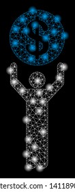 Bright mesh banker with glare effect. Abstract illuminated model of banker icon. Shiny wire carcass polygonal mesh banker abstraction in vector format on a black background.