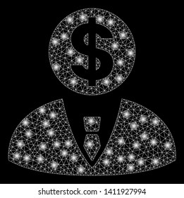 Bright mesh banker with glare effect. Abstract illuminated model of banker icon. Shiny wire frame triangular mesh banker abstraction in vector format on a black background.