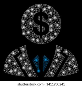 Bright mesh banker with glare effect. Abstract illuminated model of banker icon. Shiny wire carcass polygonal mesh banker abstraction in vector format on a black background.