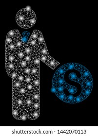 Bright mesh banker with glare effect. Abstract illuminated model of banker icon. Shiny wire carcass triangular mesh banker abstraction in vector format on a black background.