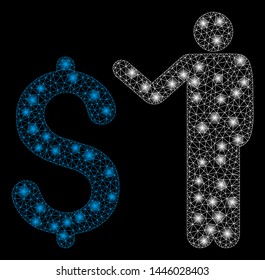 Bright mesh banker with glare effect. Abstract illuminated model of banker icon. Shiny wire carcass polygonal mesh banker abstraction in vector format on a black background.