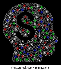 Bright mesh banker with glare effect. White wire frame polygonal network in vector format on a black background. Abstract 2d mesh designed with polygonal grid, round dots, colored glare spots.