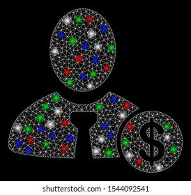 Bright mesh banker with glare effect. White wire carcass polygonal mesh in vector format on a black background. Abstract 2d mesh designed with triangular lines, dots, colorful glare spots.