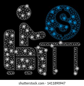 Bright mesh banker office with glow effect. Abstract illuminated model of banker office icon. Shiny wire frame triangular mesh banker office abstraction in vector format on a black background.