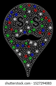 Bright mesh banker smiley map marker with glare effect. White wire carcass triangular network in vector format on a black background. Abstract 2d mesh designed with polygonal grid, small circle,