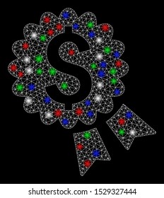 Bright mesh banking award seal with glare effect. White wire carcass triangular mesh in vector format on a black background. Abstract 2d mesh designed with triangular lines, round dots,