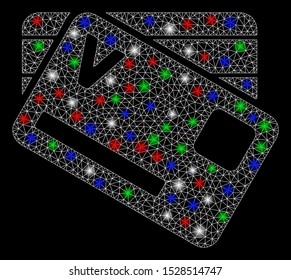 Bright mesh banking cards with glow effect. White wire frame triangular mesh in vector format on a black background. Abstract 2d mesh designed with triangular lines, round dots, colorful glare spots.