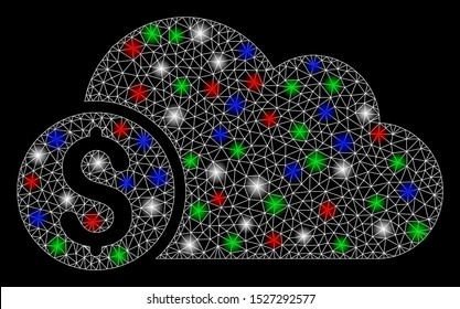 Bright mesh banking cloud with glow effect. White wire frame polygonal mesh in vector format on a black background. Abstract 2d mesh designed with triangles, spheric points, colored flash spots.