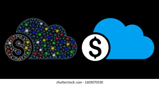 Bright mesh banking cloud icon with sparkle effect. Abstract illuminated model of banking cloud. Shiny wire frame triangular mesh banking cloud icon. Vector abstraction on a black background.