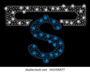 Bright mesh banking machine with glare effect. Abstract illuminated model of banking machine icon. Shiny wire frame triangular mesh banking machine abstraction in vector format on a black background.
