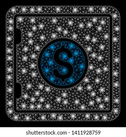 Bright mesh banking safe with glare effect. Abstract illuminated model of banking safe icon. Shiny wire frame triangular mesh banking safe abstraction in vector format on a black background.