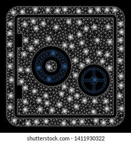 Bright mesh banking safe with glare effect. Abstract illuminated model of banking safe icon. Shiny wire carcass triangular mesh banking safe abstraction in vector format on a black background.