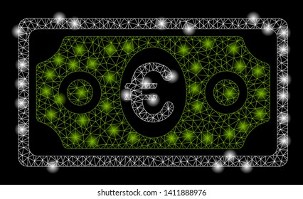 Bright mesh banknote with glare effect. Abstract illuminated model of banknote icon. Shiny wire frame triangular mesh banknote abstraction in vector format on a black background.