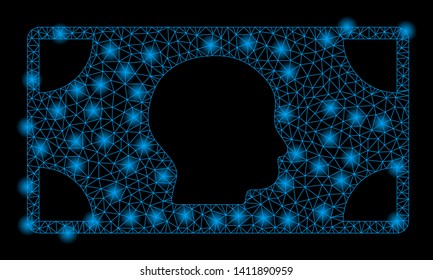 Bright mesh banknote with glow effect. Abstract illuminated model of banknote icon. Shiny wire carcass polygonal mesh banknote abstraction in vector format on a black background.