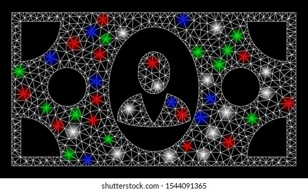 Bright mesh banknote with glow effect. White wire frame polygonal mesh in vector format on a black background. Abstract 2d mesh designed with polygonal grid, small circle, colorful light spots.