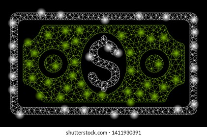 Bright mesh banknote with lightspot effect. Abstract illuminated model of banknote icon. Shiny wire carcass triangular network banknote abstraction in vector format on a black background.