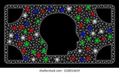 Bright mesh banknote with lightspot effect. White wire carcass triangular mesh in vector format on a black background. Abstract 2d mesh created from triangular lines, dots, colored flare spots.