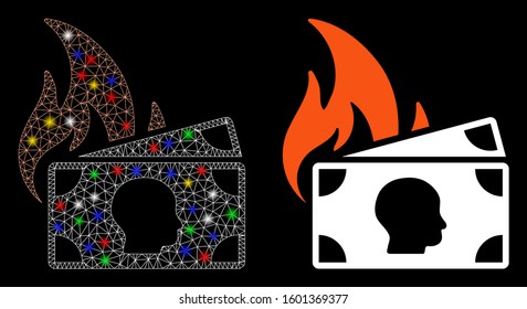 Bright mesh banknotes fire disaster icon with glitter effect. Abstract illuminated model of banknotes fire disaster. Shiny wire frame polygonal mesh banknotes fire disaster icon.