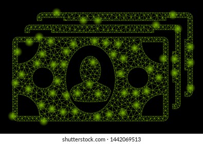 Bright mesh banknotes with glare effect. Abstract illuminated model of banknotes icon. Shiny wire frame triangular mesh banknotes abstraction in vector format on a black background.