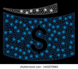 Bright mesh banknotes with glare effect. Abstract illuminated model of banknotes icon. Shiny wire carcass polygonal mesh banknotes abstraction in vector format on a black background.