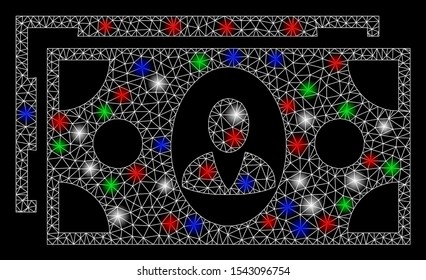 Bright mesh banknotes with glare effect. White wire carcass polygonal network in vector format on a black background. Abstract 2d mesh designed with polygonal grid, dots, colored glare spots.