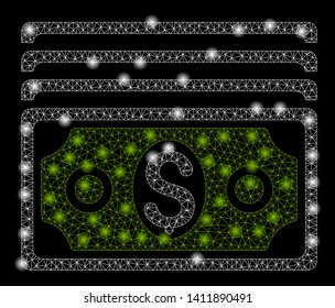 Bright mesh banknotes with glow effect. Abstract illuminated model of banknotes icon. Shiny wire carcass triangular network banknotes abstraction in vector format on a black background.