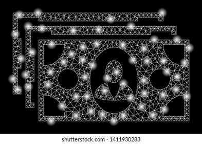 Bright mesh banknotes with glow effect. Abstract illuminated model of banknotes icon. Shiny wire frame polygonal network banknotes abstraction in vector format on a black background.