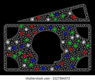 Bright mesh banknotes with glow effect. White wire carcass polygonal mesh in vector format on a black background. Abstract 2d mesh designed with polygonal grid, small circle, colored flash spots.