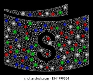 Bright mesh banknotes with lightspot effect. White wire frame polygonal mesh in vector format on a black background. Abstract 2d mesh designed with polygonal grid, spheric points,