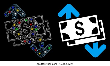 Bright mesh banknotes spending icon with lightspot effect. Abstract illuminated model of banknotes spending. Shiny wire frame polygonal mesh banknotes spending icon.