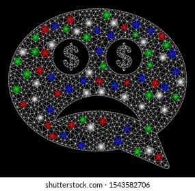 Bright mesh bankrupt with glare effect. White wire frame polygonal mesh in vector format on a black background. Abstract 2d mesh designed with polygonal grid, dots, colored flare spots.