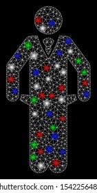 Bright mesh bankrupt with glow effect. White wire carcass polygonal mesh in vector format on a black background. Abstract 2d mesh designed with triangular lines, dots, colorful glare spots.