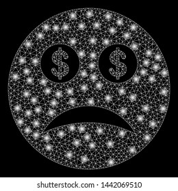 Bright mesh bankrupt smiley with glow effect. Abstract illuminated model of bankrupt smiley icon. Shiny wire carcass triangular mesh bankrupt smiley abstraction in vector format on a black background.