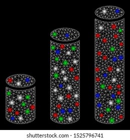 Bright mesh bar chart cylinders with lightspot effect. White wire carcass polygonal mesh in vector format on a black background. Abstract 2d mesh designed with polygonal grid, small circle,