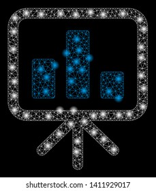 Bright mesh bar chart display board with lightspot effect. Abstract illuminated model of bar chart display board icon.