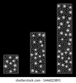 Bright mesh bar chart with glare effect. Abstract illuminated model of bar chart icon. Shiny wire carcass triangular mesh bar chart abstraction in vector format on a black background.