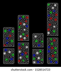 Bright mesh bar chart with glare effect. White wire carcass triangular mesh in vector format on a black background. Abstract 2d mesh designed with triangles, points, colorful light spots.