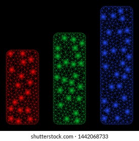 Bright mesh bar chart increase with lightspot effect. Abstract illuminated model of bar chart increase icon.
