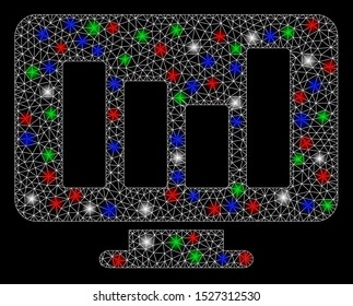 Bright mesh bar chart monitoring with glow effect. White wire carcass triangular mesh in vector format on a black background. Abstract 2d mesh designed with triangular lines, small circle,