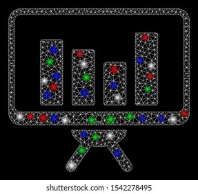 Bright mesh bar chart monitoring with lightspot effect. White wire carcass triangular mesh in vector format on a black background. Abstract 2d mesh created from triangular lines, dots,