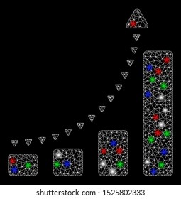 Bright mesh bar chart positive trend with lightspot effect. White wire carcass polygonal mesh in vector format on a black background. Abstract 2d mesh created from polygonal grid, points,