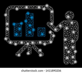 Bright mesh bar chart presentation with glare effect. Abstract illuminated model of bar chart presentation icon.