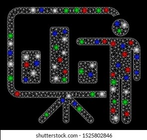 Bright mesh bar chart presentation with glare effect. White wire frame triangular mesh in vector format on a black background. Abstract 2d mesh designed with triangles, round dots,