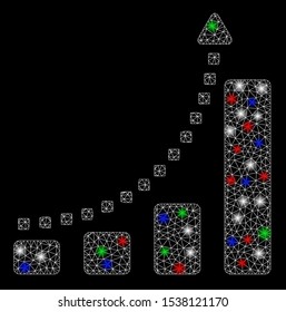 Bright mesh bar chart trend with glare effect. White wire frame triangular mesh in vector format on a black background. Abstract 2d mesh designed with triangular lines, points, colorful flare spots.