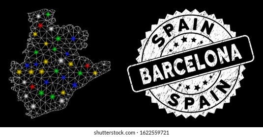 Bright mesh Barcelona Province map with glow effect, and stamp. Wire frame triangular Barcelona Province map mesh in vector format on a black background. White round rubber stamp with grunged surface.