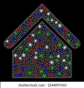 Bright mesh base building with glare effect. White wire carcass polygonal mesh in vector format on a black background. Abstract 2d mesh built from polygonal grid, spheric points, colored glare spots.
