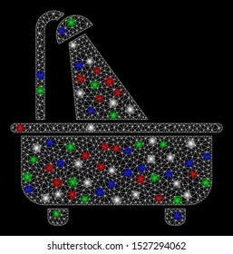 Bright mesh bath with glare effect. White wire carcass triangular mesh in vector format on a black background. Abstract 2d mesh designed with triangular lines, points, colored flash spots.
