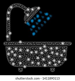 Bright mesh bath shower with glare effect. Abstract illuminated model of bath shower icon. Shiny wire carcass triangular mesh bath shower abstraction in vector format on a black background.